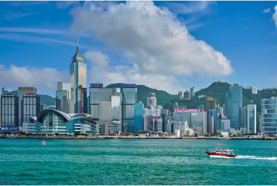 central plaza and victoria harbour in the foreground