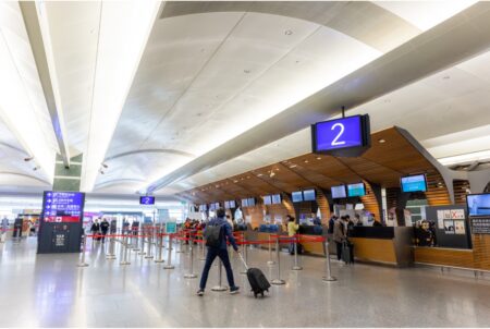 The Greater Bay Airlines check-in counters at Taoyuan International Airport in Taipei.