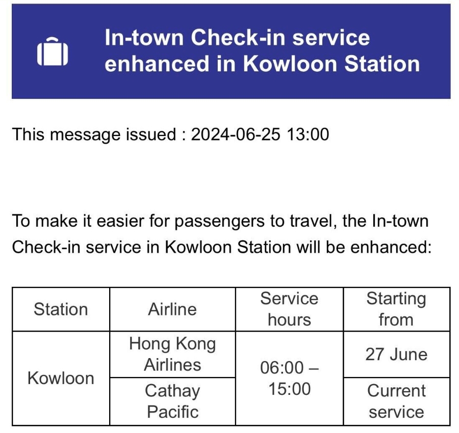 hong kong airlines kowloon mtr check-in counter announcement