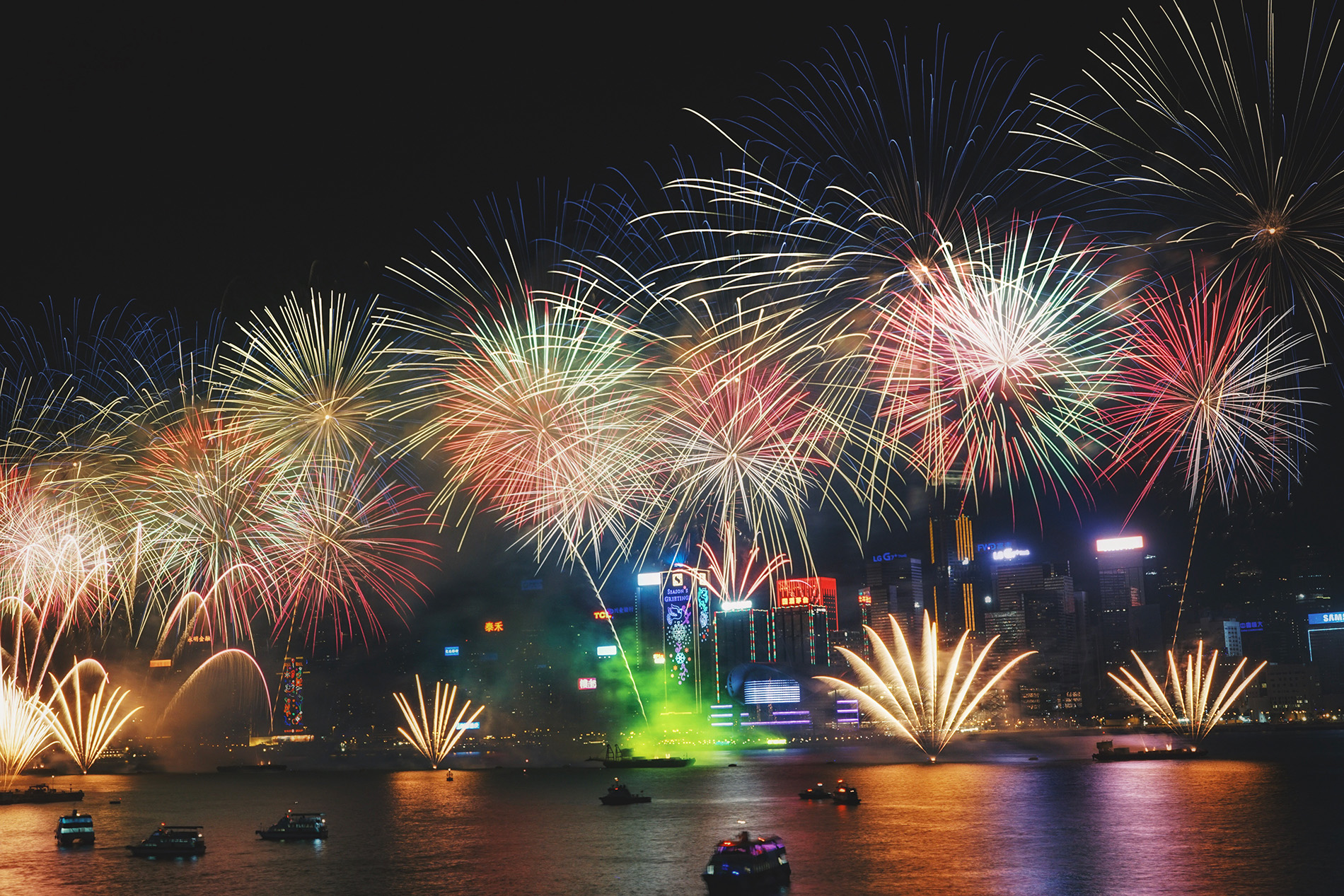 a view of the fireworks show from ocean terminal deck at harbour city