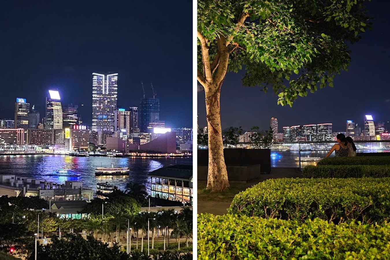 a collage showing two images. the one on the right shows a view of victoria harbour as seen from the rooftop of two ifc. the one on the right shows two people sitting on the rooftop and looking at the harbour.