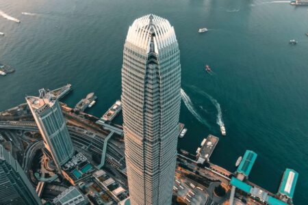 a bird-eye picture of IFC Hong Kong (drone photo)