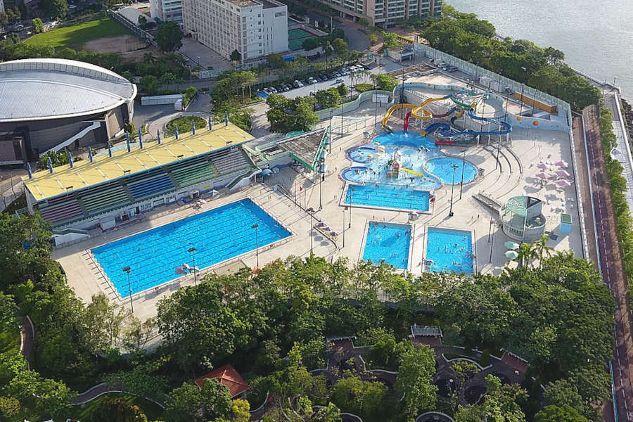 drone view of ma on shan swimming pool with water slides