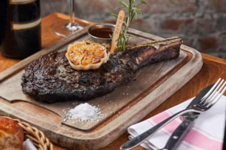 steak with roasted garlic and coarse salt