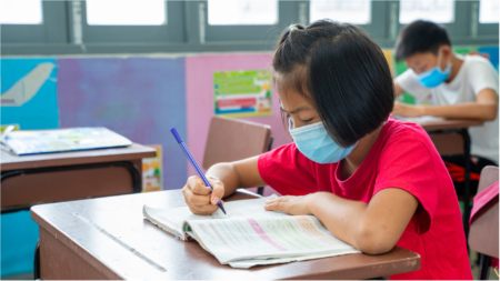 School children wearing masks